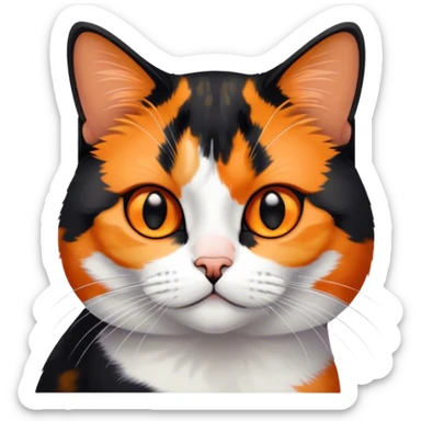 American shorthair calico cat with black fur on the right side of their face and orange on the left side sitting down sticker