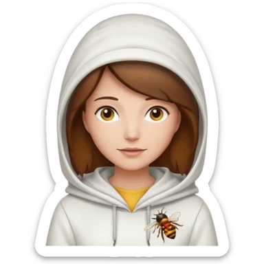 female bee keepers with brown hair, white outfit, white hood sticker