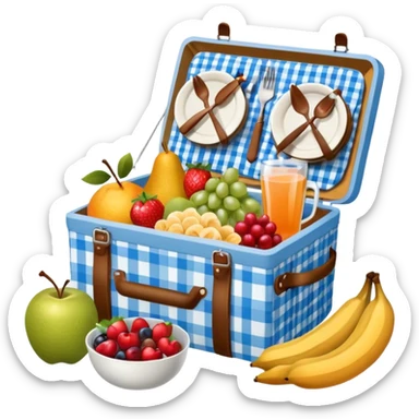 blue plaid lining basket with both food, drink and fruits sticker