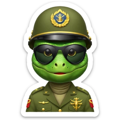 Lizard in military uniform with  black sunglasses and military helmet sticker