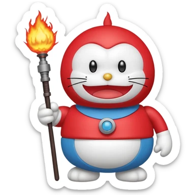 Red angry doraemon plush holding a nuke button sticker