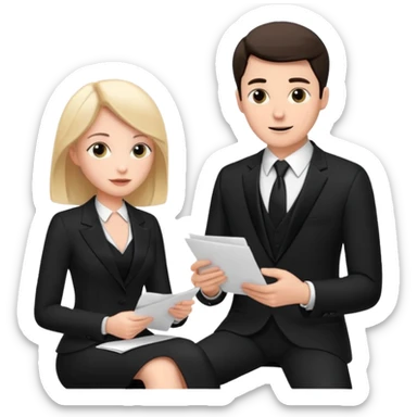 white man in formal suit talking to white woman in formal suit, they sit, papers in hands sticker