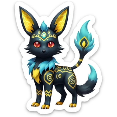 Shiny Exotic Badass Colorful Ethereal Royal Mysterious Gothic Umbreon-Jolteon-Litten-Pokémon-Fakémon-hybrid-creature (full body) with pattern-markings sticker