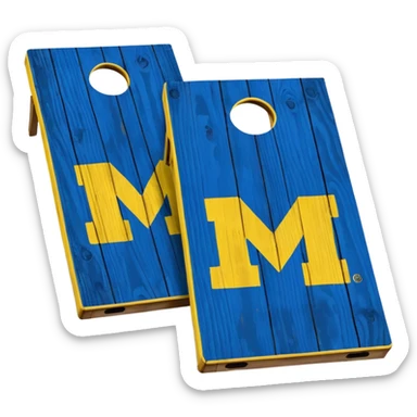 Cornhole board blue and yellow with Michigan “M” sticker