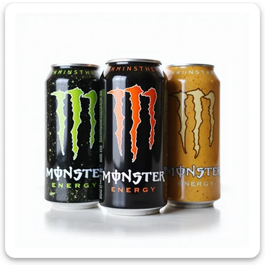 photorealistic group of three monster energy drink cans, different flavors, on a white background sticker
