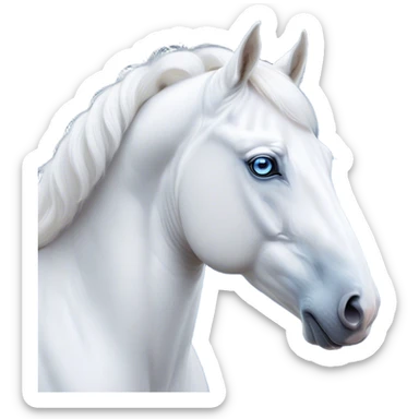 Cinematic Noble White Horse Portrait Emoji, Poised and regal, with a strong, athletic build and a pristine, well-groomed pure white fur, deep-set soulful blue eyes, Simplified yet sharp and sophisticated features, highly detailed, glowing with a soft, dignified glow, high shine, intelligent and majestic, stylized with an air of ethereal grace, focused and attentive, soft glowing outline, capturing the essence of a watchful and confident steed, so majestic it feels as though it could gallop out of the screen with effortless authority! sticker