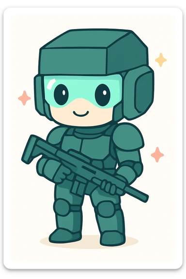 Make the helmet more square and angular, less round, while keeping the anime sci-fi soldier style. The helmet should be dark turquoise in color. sticker