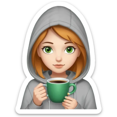 Girl with a hoodie, holding her cup of coffee and booj green eyes sticker