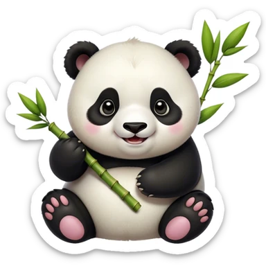 Cinematic smiling chubby panda, fluffy black and white fur, round rosy cheeks, tiny paws holding a bamboo shoot, sparkling eyes full of joy, soft glowing background, irresistibly huggable. sticker