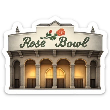 Make the coloring of the Rose Bowl Stadium emoji more realistic, removing the yellow tint, but keep everything else exactly the same as the original image: majestic, ornate architecture, lifelike detail, regal lighting, iconic sign, and accurate colors, with a transparent background. Do not change the composition or style. The style should remain consistent with the original emoji style. sticker