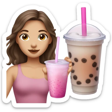 Girl with brown hair and blue eyes drinking pink bubble tea sticker