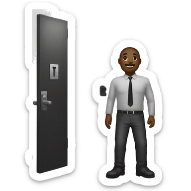 black and white sign a man comes out the door sticker