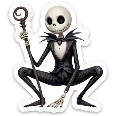 Full body view Cinematic 3D ultra realistic 32K HD image of Jack skellington squatting, stunning detail as though captured in a timeless photograph, rich textures, visually rich, so lifelike that it feels like it could leap off the page at any moment sticker