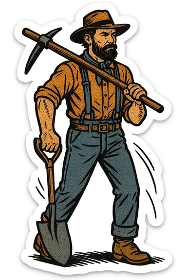 The full body of an American railroad worker from the 1860s in the American West holding tools and a shovel. sticker