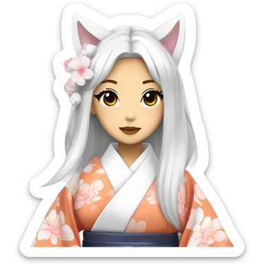 hime gyaru girl, kimono, white hair, kitsune mask sticker