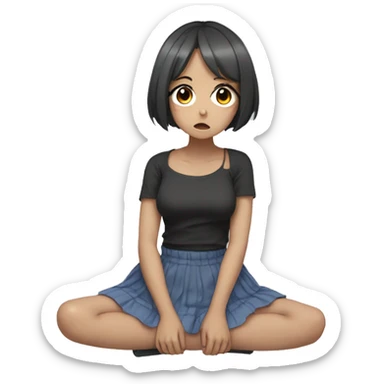 anime girl sad full body, Mini skirt, sits on floor sticker