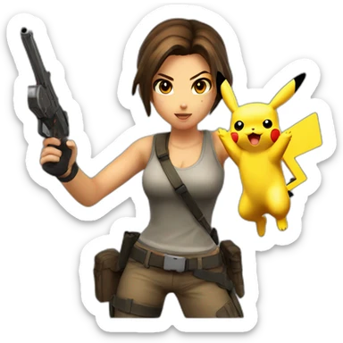 Lara Croft Gunfight with Pikachu realistic sticker
