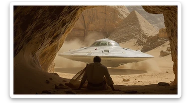 cinematic still, documentary photography, acient egypt, back shot of a man dress in ancient clothes in cave (frame in frame effect) on ground laying front of small ufo starship, sand flying around, palms, dynamic scane, leading lines, captured by arri alexa, depth layers, piramids in babckground sticker
