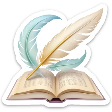 Create a delicate and poetic emoji representing poetry. The design should feature several elegantly flying pages with short poetic columns written on them. The pages should appear light and flowing, almost as if being carried by the wind. Include one white feather, gently resting on the pages, symbolizing creativity and inspiration. Use soft, pastel tones to give it a dreamy, artistic feel. The design should feel ethereal and whimsical, capturing the essence of poetry. Make the background transparent. sticker