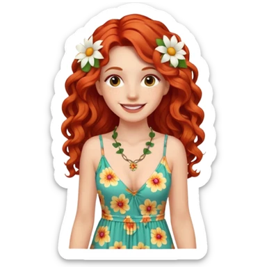 white girl, long curly red hair, wearing a maxi dress, flower necklace, bright cheerful smile sticker
