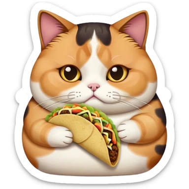 sad fat calico cat holding a taco sticker