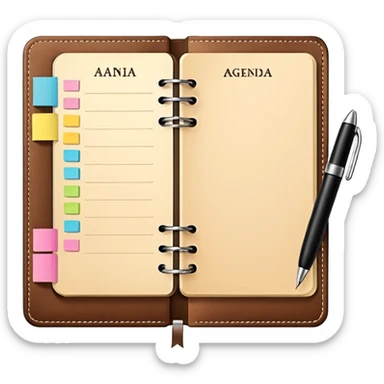 daily planner agenda  leather with open page and pen with stickynotes sticker