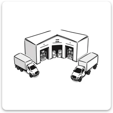isometric view of an industrial warehouse with loading bay doors, a few parked trucks, and storage shelves visible through open doors sticker
