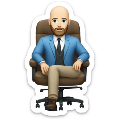 Bald, Caucasian, blue-eyed, Psychotherapist in a modern chair with a full beard sticker