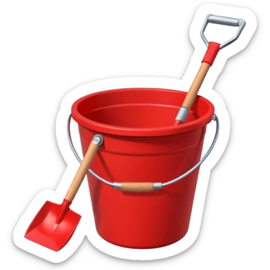 small red sand bucket with a shovel sticker