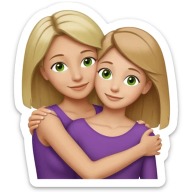 Mom daughter hugging, mom has light brown hair to collarbone and green eyes and is white with tan skin, daughter has dirty blonde hair to upper back with hazel eyes and is white with tan skin sticker