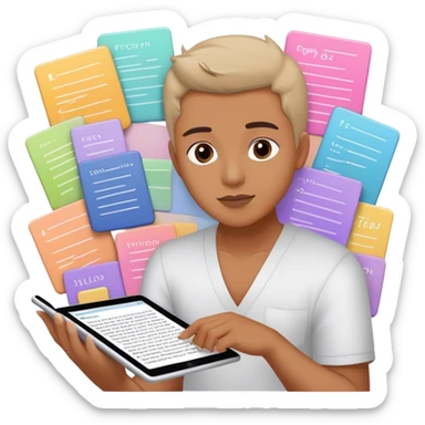 Create an emoji representing fanfiction writing. The design should feature a digital device tablet with visible text, symbolizing the creative process of writing fanfiction. Add a subtle reference to popular fictional characters or universes to indicate the fan aspect. Add stilus and pictures of pop stars in front of text on the screen of tablet. Use a playful, imaginative color palette, blending vibrant tones with soft neutrals. Do not include any emojis or smiley faces. Make the background transparent. sticker