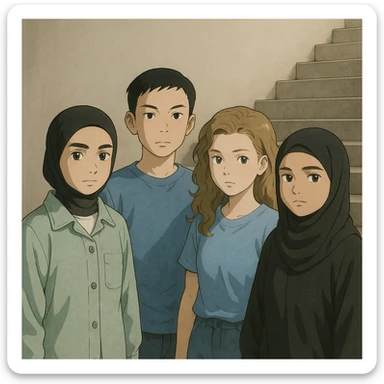 Four students in casual clothes, strongly resembling the people in the reference photos, standing at the bottom of a simple staircase symbolizing a challenge, no visible goal at the top, realistic and sober atmosphere, neutral background, in Ghibli style. sticker