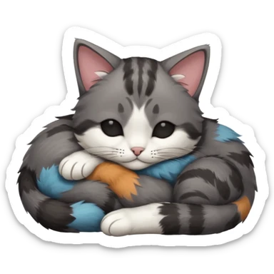 dark grey and white small cat with his eyes closed, leaning his head on his paw while leaning on his elbow lying down sticker