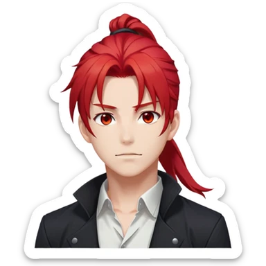 Handsome gorgeous anime man with bright-red hair, thick long ponytail, red eyes, white shirt, black jacket, stone face, Diluc from Genshin Impact sticker