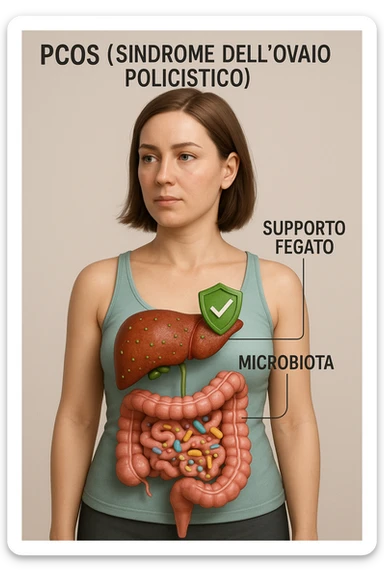 donna con supporto fegato e microbiota in 3D immagine medica donna pcos in italiano  sticker