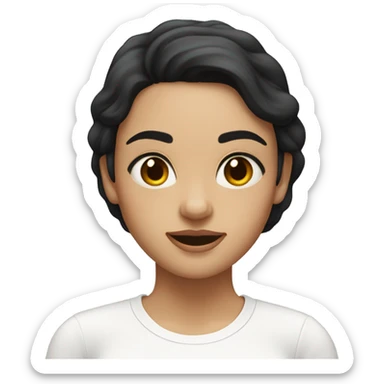 A woman with dark hair loose and hazel browm eyes, waering a white shirt and whit skin sticker