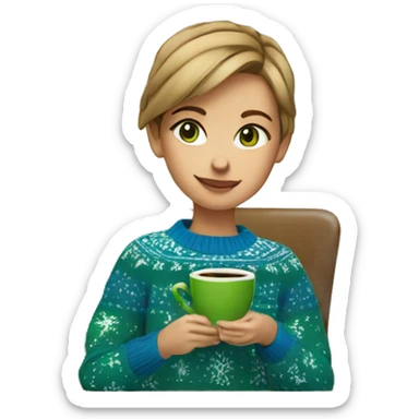 Light brown short haired girl with green eyes drinking coffee wearing blue Christmas sweater sticker
