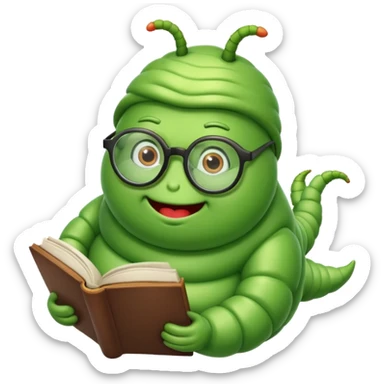 green fat Worm with glasses reading book sticker
