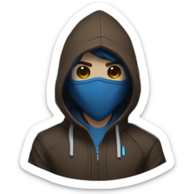 Boy brown developer left side behind his laptop with this style: Valorant Riot Game blue character blue black hooded hacker  sticker