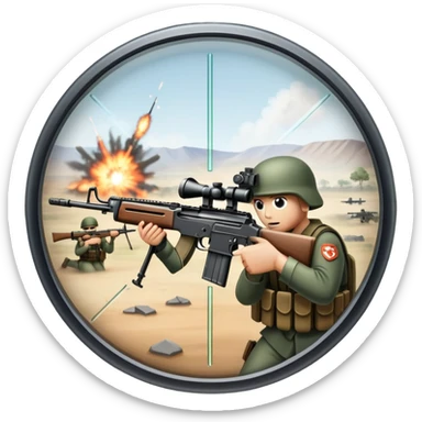 An icon featuring the crosshairs of an automatic rifle in the foreground, with a battlefield in the background. The design captures the intense focus of a first-person shooter game, with soldiers and explosions visible through the sights. Transparent background. sticker