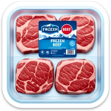 A vacuum-sealed plastic tray of frozen beef steaks, with visible frost and ice crystals on the meat surface. The label shows brand name, weight, and “Premium Beef Steaks.” The packaging has a transparent window revealing the red meat.  photorealistic food packaging. sticker