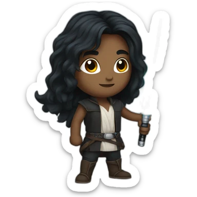 A Portuguese with long black hair holding a lightsaber sticker