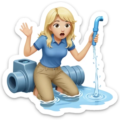 cartoonish blond woman kneeling with surprised expression, a wide cartoonish stick with a D-shaped knob coming out of a pair of pants hanging in front of her face, water stream squirting from the flat side of the knob into her open mouth sticker