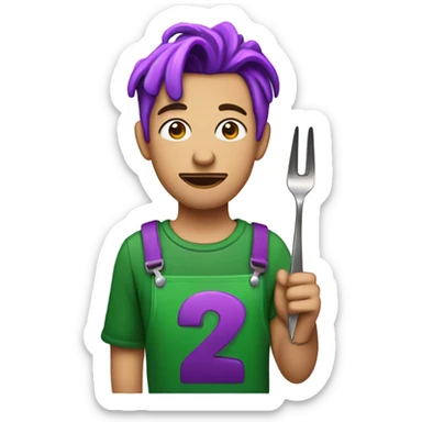 A peach skin man with purple hair and a green jumpsuit that has the number 230 on the jumpsuit and he is holding up a fork that has red paint dripping on it sticker