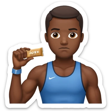 A male athlete holding a protein bar and frowning deeply sticker