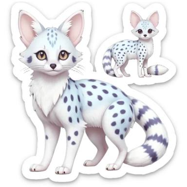 White Albino frosty snow-white whitish pastel-grey-spotted Serval-Civet-Genet-Trico-Furret-Linoone-Noibat-Espeon-Fakémon-Pokémon-animal-hybrid-fusion-creature (full body) with vibrant glowing eyes, cute, elegant, soft, realistic, pastel fur sticker