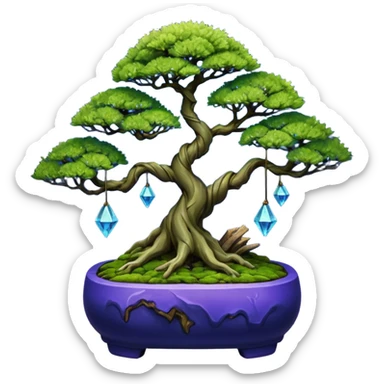 Futuristic wild glowing space alien moss maples shohin Bonsai hair-pine-leaf group multi faceted intricate crystalline-inspired boxwood purple blue informal rocky cliffhanger eight trees forest planting in shallow willow slab style pot with big animal-like feet  sticker