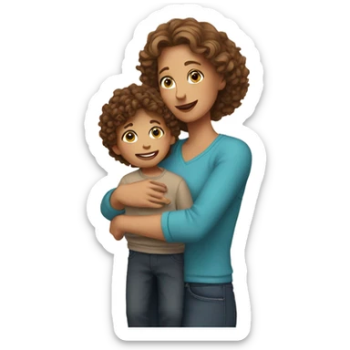 A young mother with brown hair holds her blond son with curly hair in her arms sticker