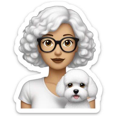 mujer piel blanca cabello negro largo con gafas  y perro bichon blanco sticker