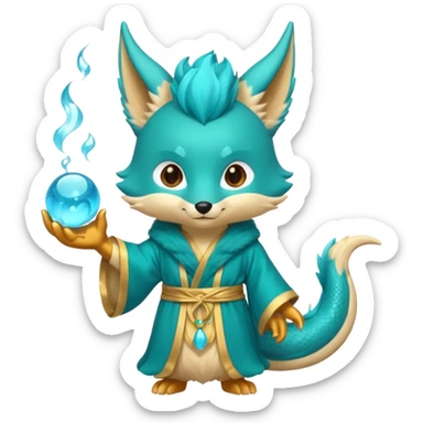 Chibi teal fox-dragon emoji with small antler horns, confident magical expression, gold mark on forehead, teal-gold robe, holding glowing blue water orbs, with dragon tail sticker
